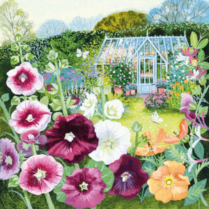 Greenhouse and Hollyhocks Greetings Card