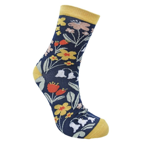 Blue Floral Bamboo Socks, Uk Size 3-7, Fair Trade, Code BFM