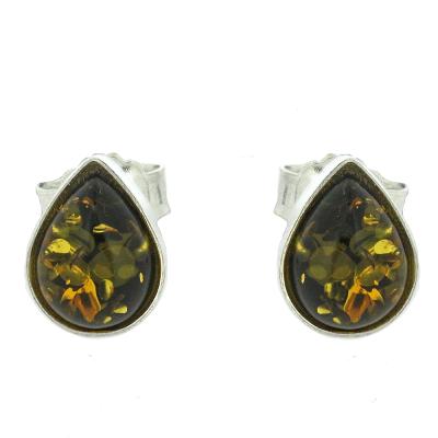 Nova Silver Teardrop Green Amber Stud Earrings