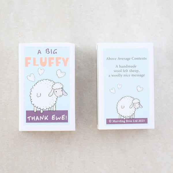 A Big Fluffy Thank Ewe Wool Felt Sheep in a Matchbox