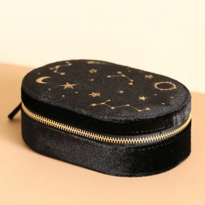 Black Starry Night Printed Velvet Travel Jewellery Case