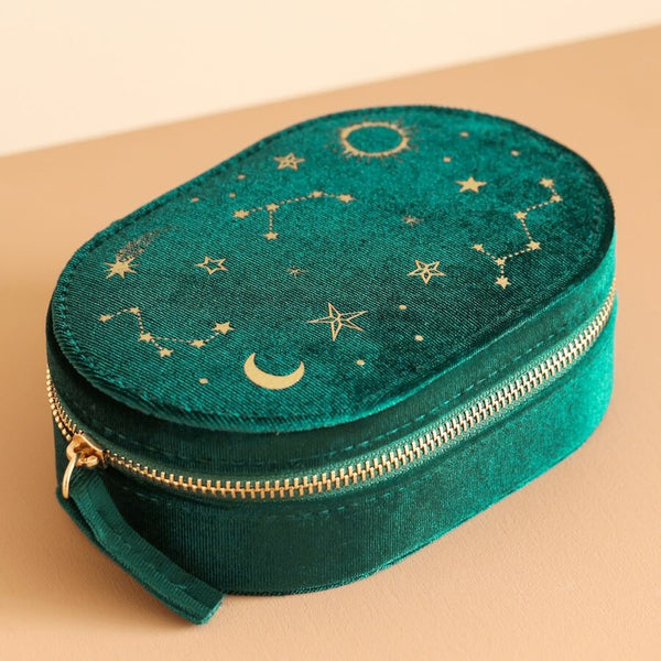 Teal Starry Night Printed Velvet Travel Jewellery Case