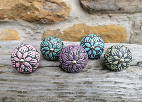 Ceramic Doorknob with Black Flower